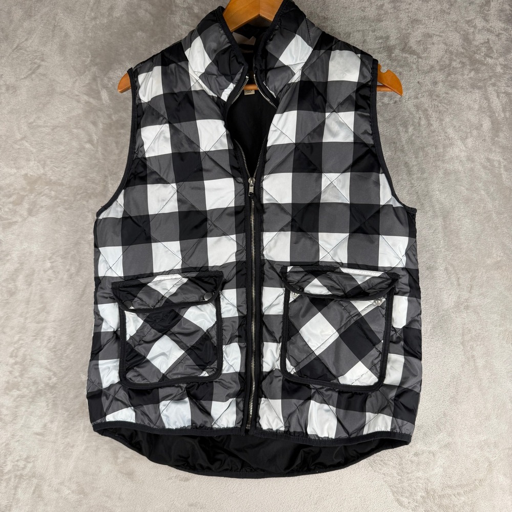 Woolrich Womens Buffalo Plaid Quilted Vest Black White Full Zip Mock Neck Large